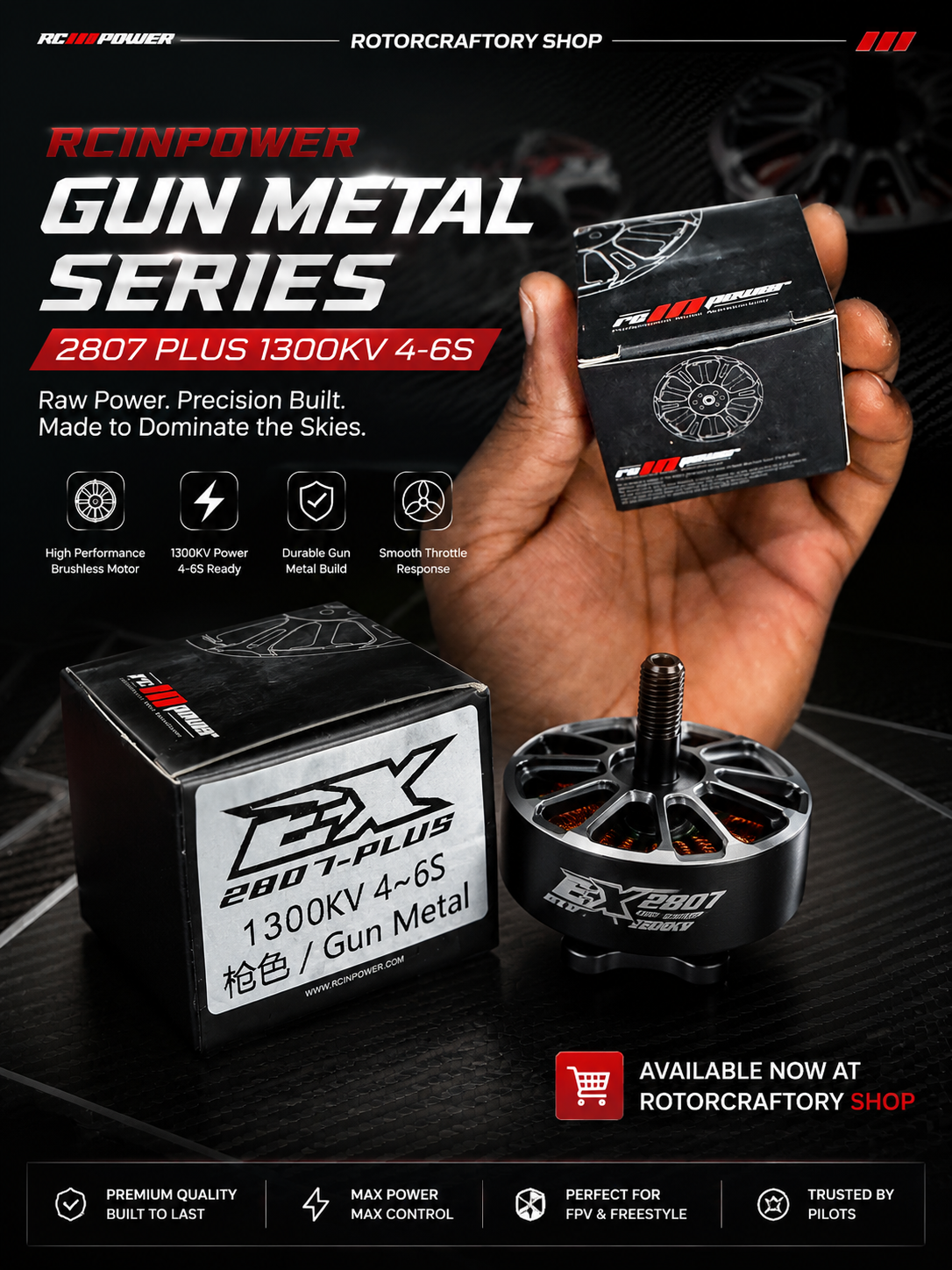 RCINPOWER EX2807 PLUS 1300KV 4–6S Brushless Motor – Gun Metal Edition